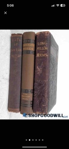 Antique Book Lot: Life of Hawkins, Parkman's Oregon Trail, Longfellow Poems