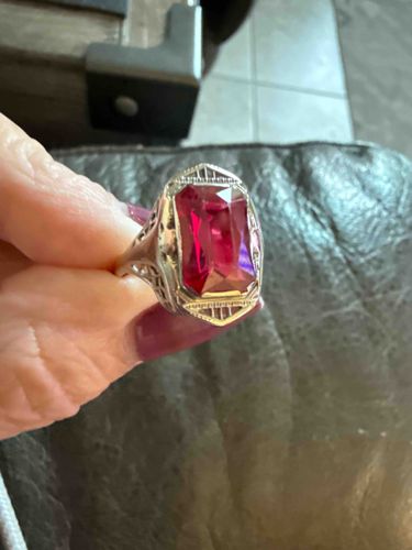 Art Deco Filigree Ring with Rectangular Red Stone