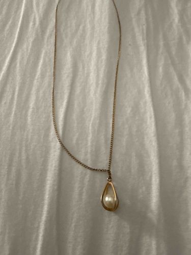 Gold-Tone Chain Necklace with Teardrop Faux Pearl Pendant