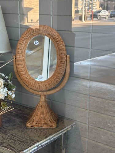 Vintage Oval Wicker Hand-Woven Pedestal Swivel Mirror