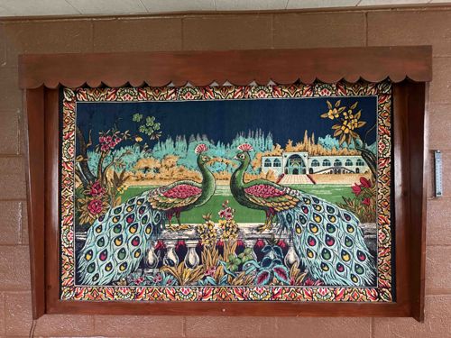 Framed Tapestry with Peacock Scene