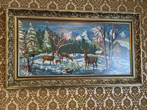 Framed Woven Textile Deer Landscape