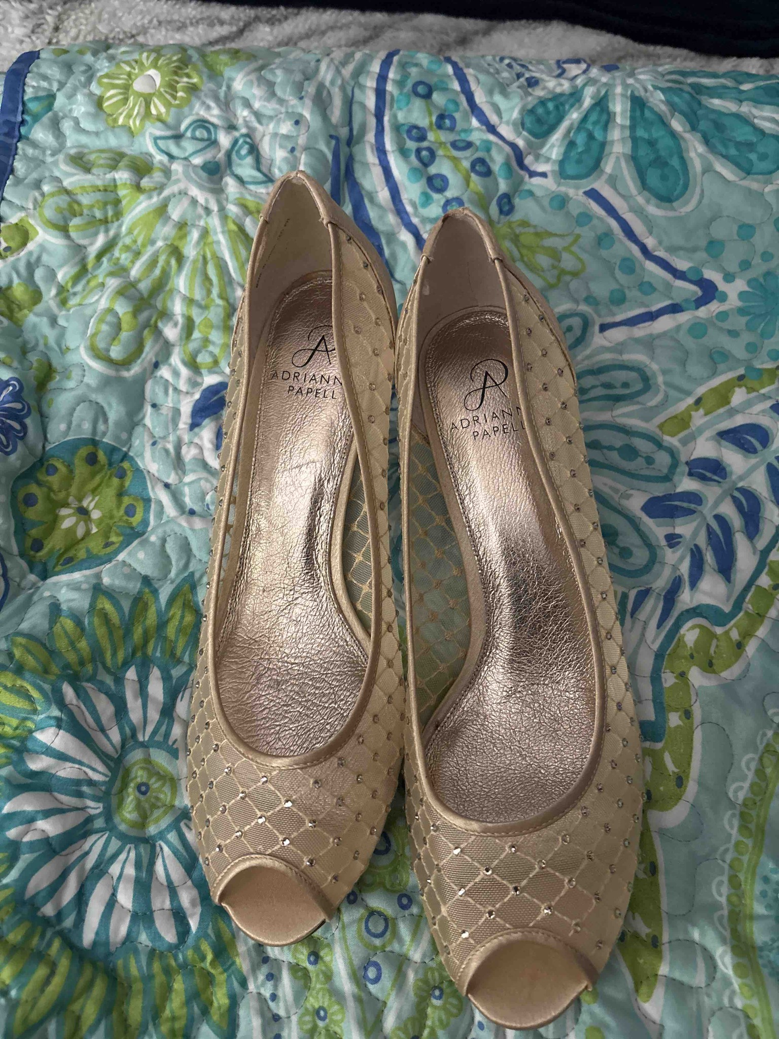 Adrianna Papell Champagne Gold Peep-Toe Mesh Pumps
