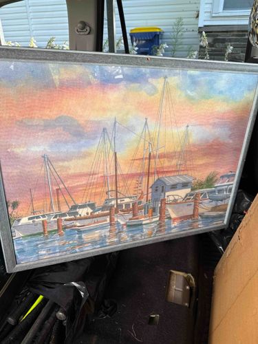 Framed Sunset Harbor Scene Print