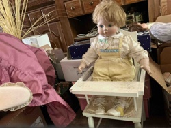 Porcelain or Bisque 'Baby Boy' Doll in Overalls with High Chair