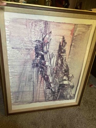 Abstract Ink and Wash Drawing Mounted in Wood Frame