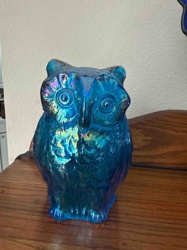 Iridescent Blue Glass Owl Figure