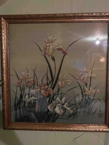 Framed Oriental Iris Silk Painting