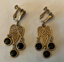 Vintage Gold-Tone Clip-On Dangle Earrings with Black Stones
