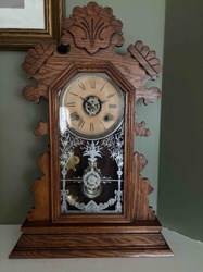 Antique Oak Mantel Clock with Gilt Etched Glass