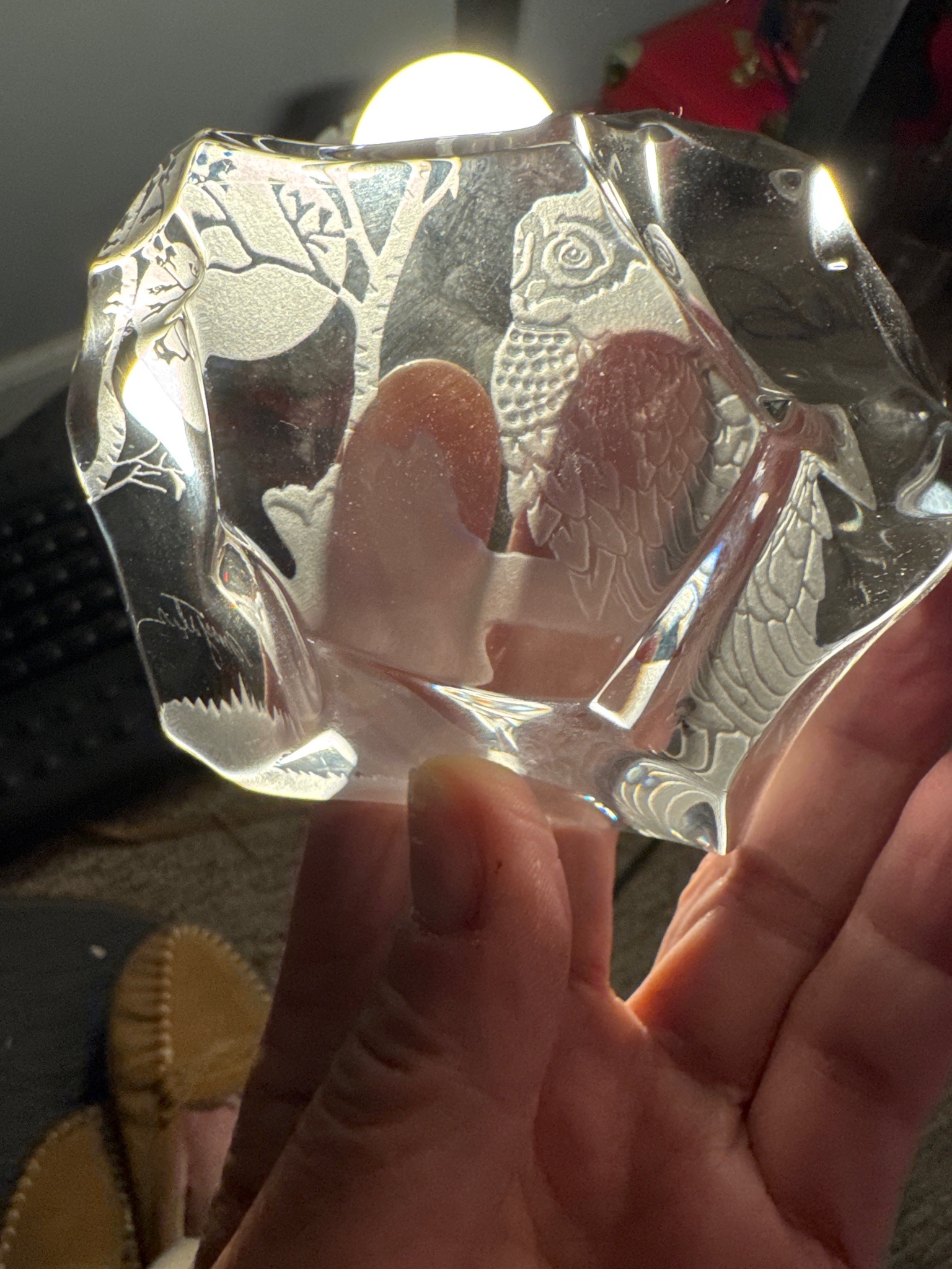 Mats Jonasson Målerås Signed Intaglio Crystal Owl Sculpture