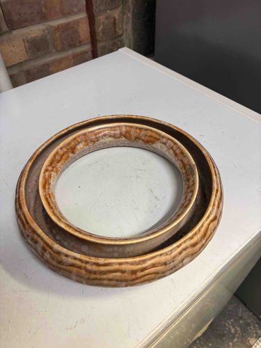 Ceramic Double-Ring Planter or Flower Ring with Faux Wood Grain Glaze
