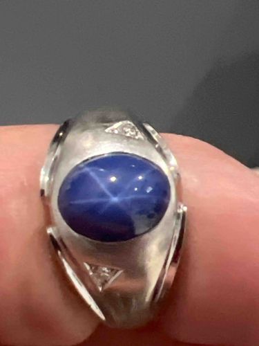 Men's 14k White Gold Blue Star Sapphire and Diamond Ring