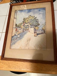 Framed Watercolor Landscape with Figures