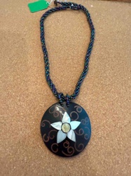 Iridescent Beaded Necklace with Mother-of-Pearl Floral Pendant