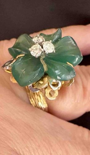 Vintage Carved Green Stone & Diamond Floral Cocktail Ring