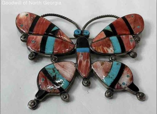 Jeronimo Fuentes Sterling Silver and Multi-Stone Inlay Butterfly Brooch