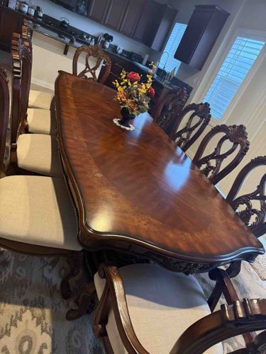 Traditional Carved Wood 10-Person Dining Table with Chairs