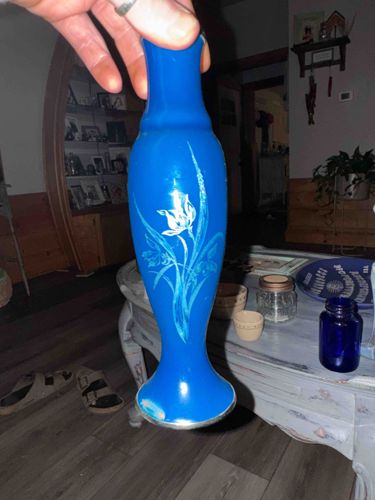 Cobalt Blue Glass Vase with White Floral Enamel Decoration