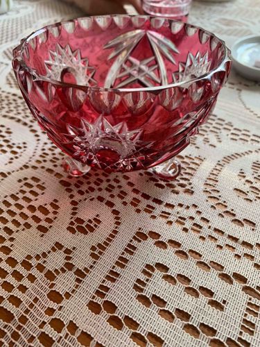 Ruby Red Footed Cut Glass Bowl