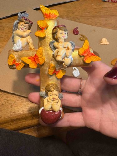 Hand-Painted Cherub and Butterfly Decorative Wall Cross