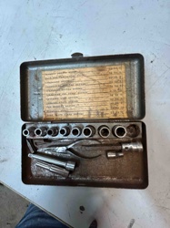 Vintage Automotive Ignition Wrench and Socket Tool Set in Metal Case
