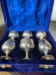Set of Six Engraved Metal Goblets in Velvet-Lined Case