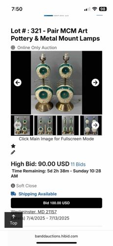 Pair of Mid-Century Modern Art Pottery & Metal Mount Table Lamps