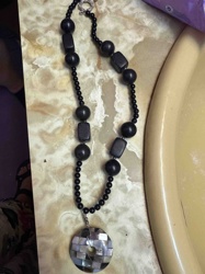 Basalt and Nacre Beaded Necklace with Mosaic Pendant