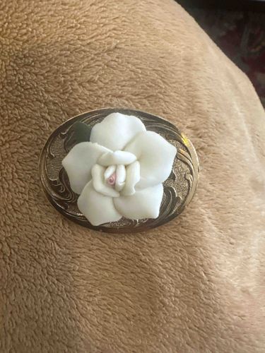 Vintage Carved Bone or Porcelanous Rose Brooch with Tooled Gold-Tone Mount