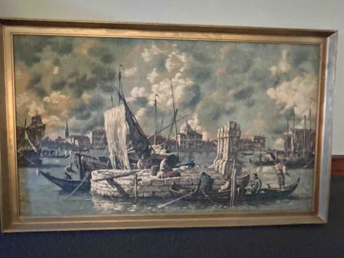 Framed Oil Painting: Venetian Canal Scene with Boats and Figures