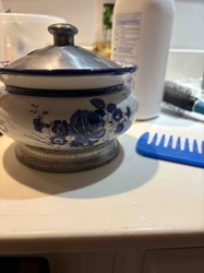 Pewter and Ceramic Lidded Pot with Blue Floral Motif