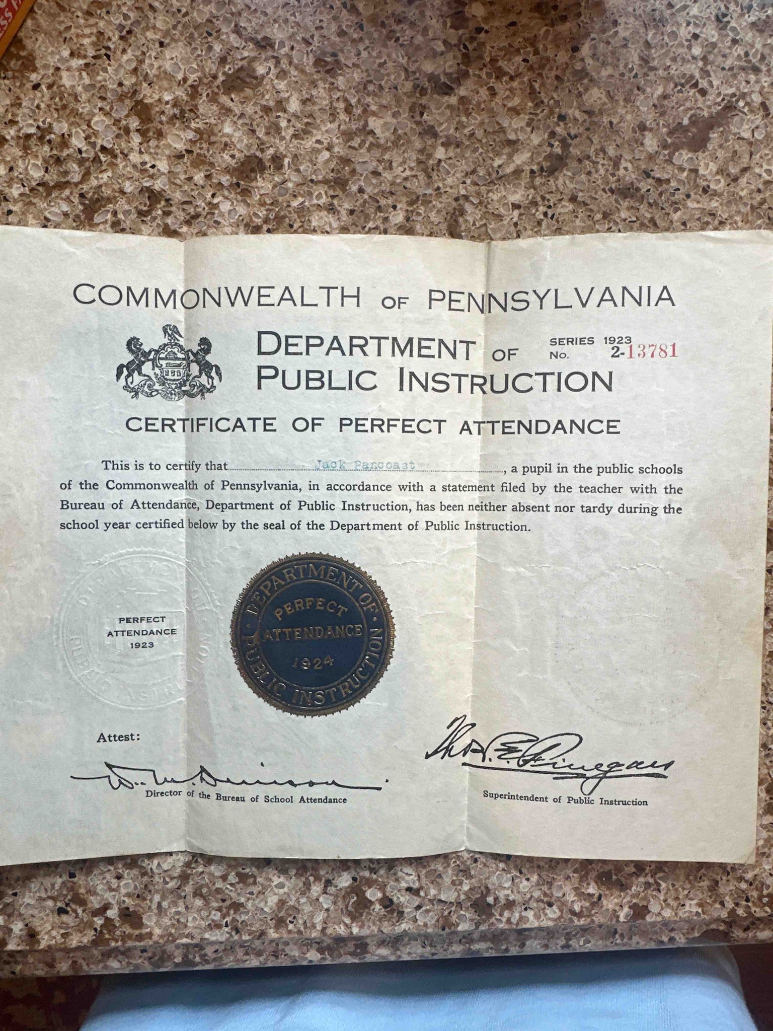 Submitted photo of Vintage Certificate of Perfect Attendance from the Commonwealth of Pennsylvania