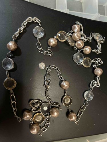 Talbots Faux Pearl and Crystal Long Station Necklace