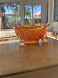 Carnival Glass Marigold Three-Footed Bowl with Floral/Fruit Pattern