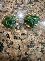 Pair of Carved Green Stone and Gold-Toned Clip-On Earrings