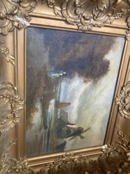 Framed Oil Painting of a Countryside Landscape with Windmill and Figures
