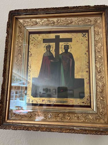 Icon of Saints Constantine and Helena with the True Cross in an Ornate Gilt Frame