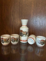 Japanese Ceramic Sake Set with Ox Cart Motif