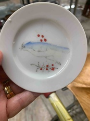 Miniature Porcelain Saucer with Hand-Painted Bird and Berries
