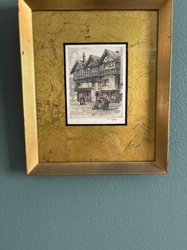 Framed Hand-Colored Engraving or Etching of an Old English Building