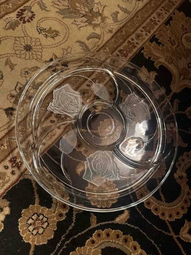 Clear Pressed Glass Divided Serving Tray with Rose Motif