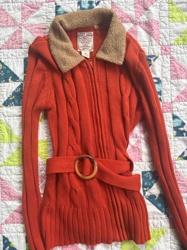 Orange Cable Knit Cardigan with Faux Shearling Collar and Belt