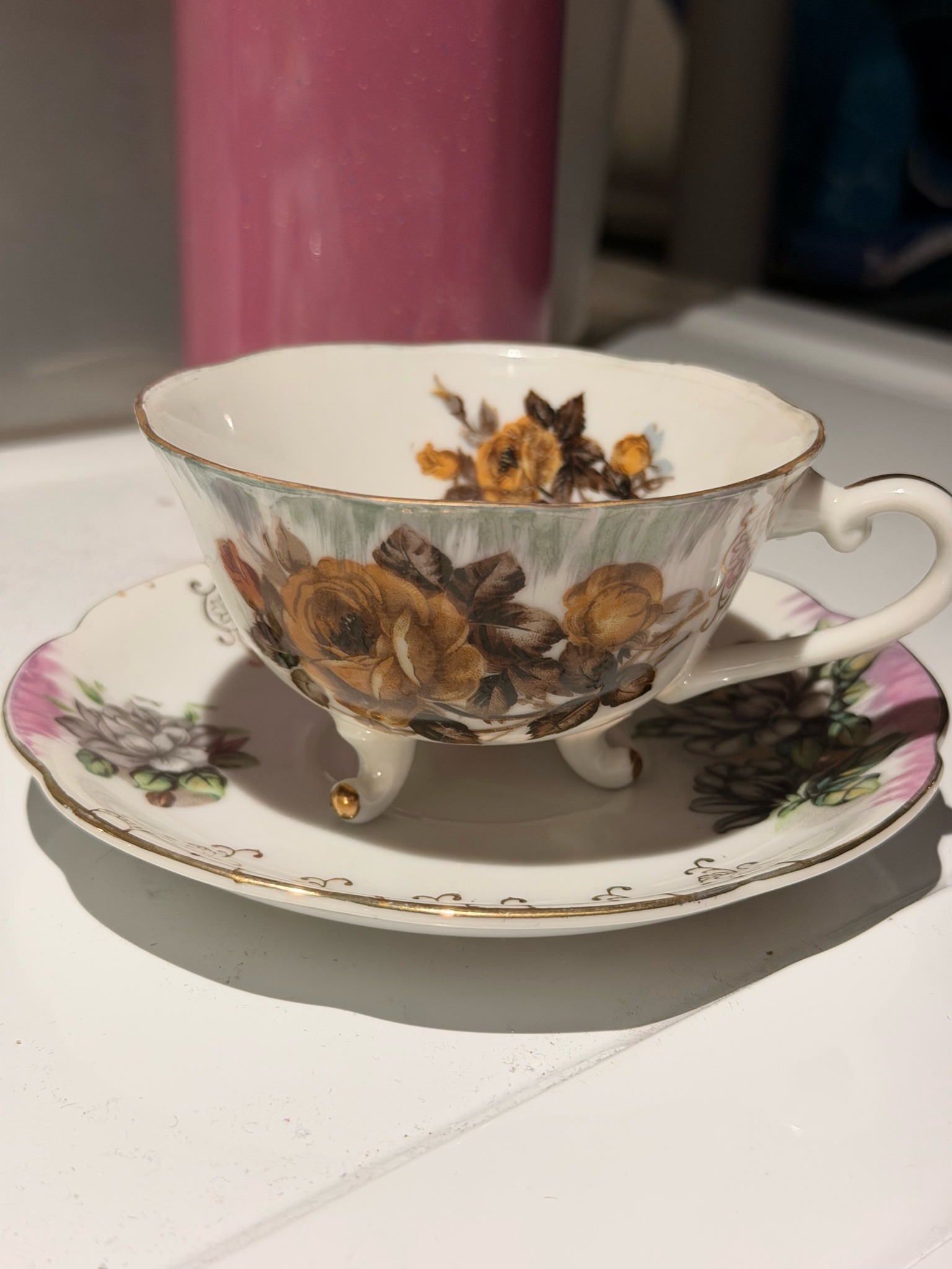 Lefton China Hand Painted Footed Teacup and Saucer Set