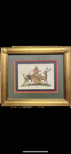 Framed Hand-Colored Heraldic Engraving with Deer Supporters