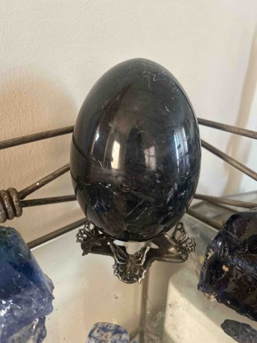 Polished Black Obsidian Egg with Butterfly Stand