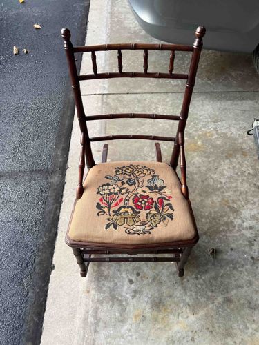 Victorian Folding 'Bamboo' Rocking Chair with Embroidered Upholstery