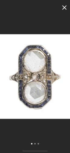 Edwardian French Platinum Rose-Cut Diamond and Sapphire Elongated Ring