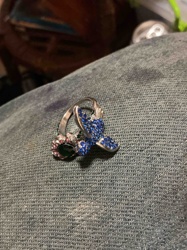 Silver-Tone Hummingbird and Flower Ring with Blue, Green, and Pink Gemstones