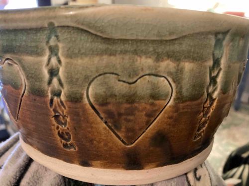 Signed Studio Art Pottery Glazed Bowl with Incised Hearts